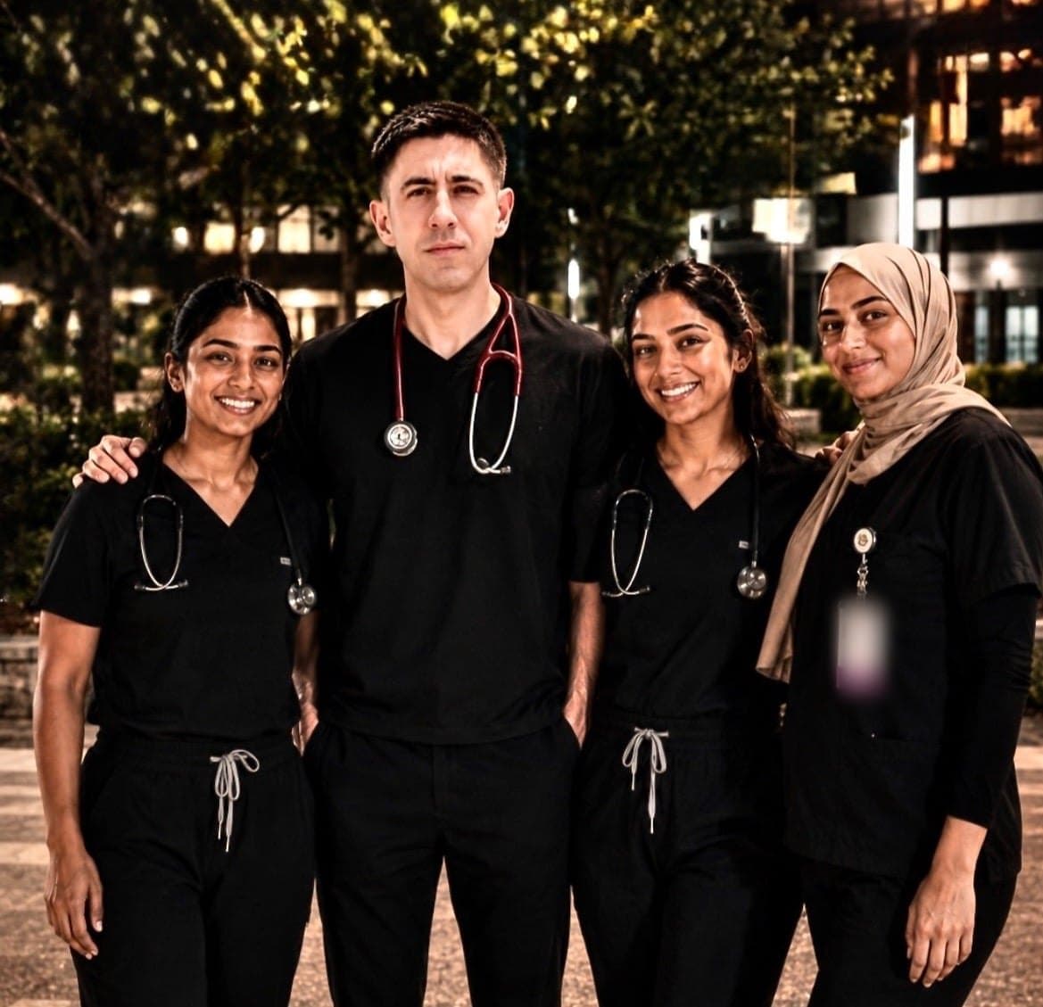 Chris Baldasano with Redox students in clinical scrubs