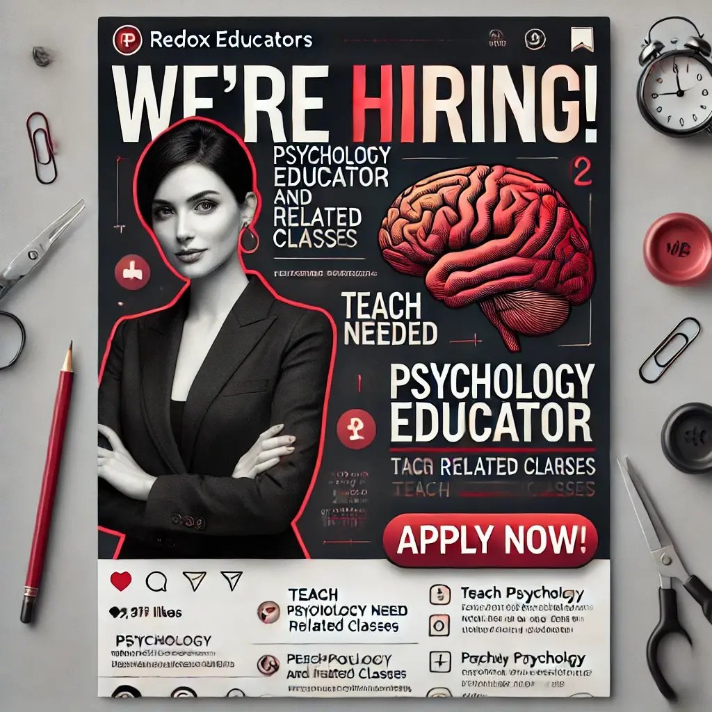 DALL·E 2024-09-26 14.43.54 - A professional and modern Instagram post for Redox Educators, advertising a job opportunity for a Psychology Educator. The design should prominently f